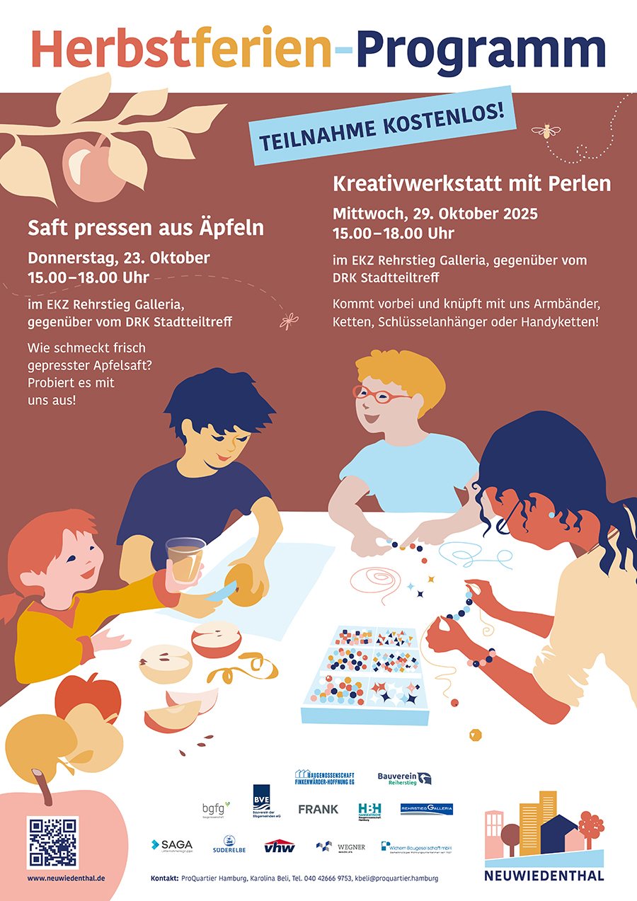 Plakat mit Illustration: Kinder sitzen am Tisch und basteln