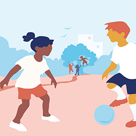 Ausschnitt einer Illustration: Zwei Kinder spielen Fußball