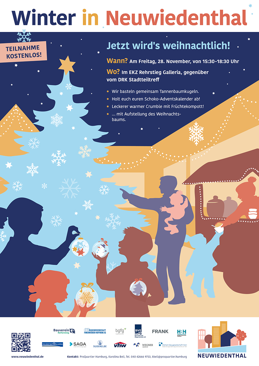 Plakat mit Illustration: Familien schmücken einen Weihnachtsbaum
